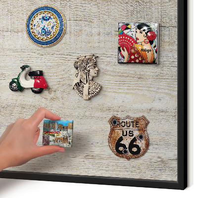 Vacation magnet board with a black frame Wooden texture