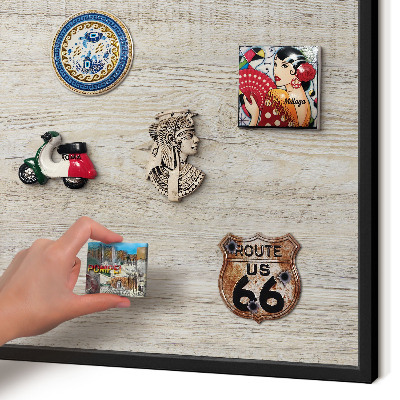 Vacation magnet board with a black frame Wooden texture