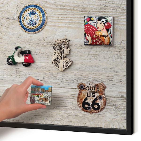 Vacation magnet board with a black frame Wooden texture