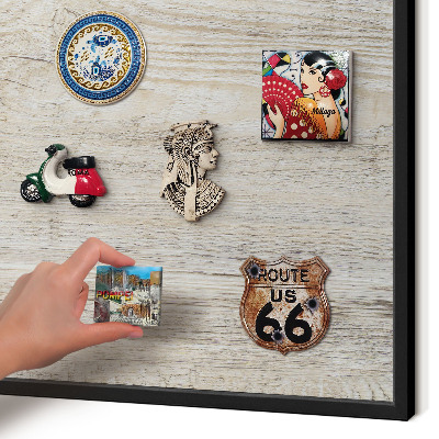 Vacation magnet board with a black frame Wooden texture