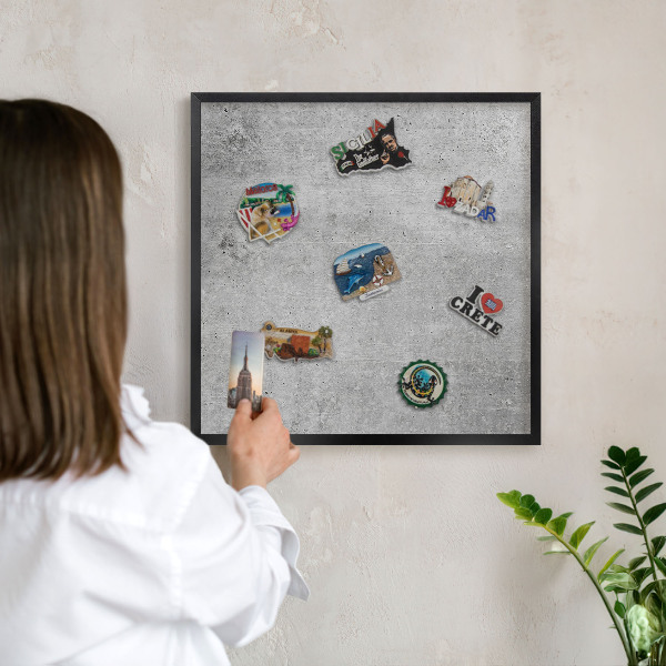 Metal wall board for magnets in a black frame Concrete minimalism