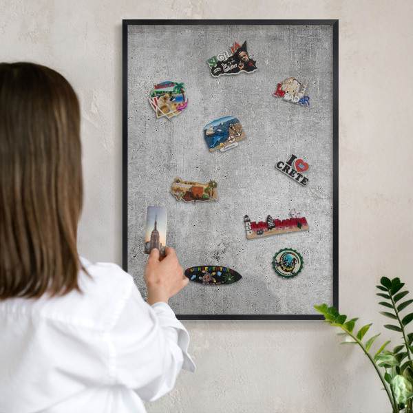 Metal wall board for magnets in a black frame Concrete minimalism