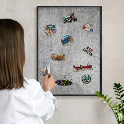 Metal wall board for magnets in a black frame Concrete minimalism