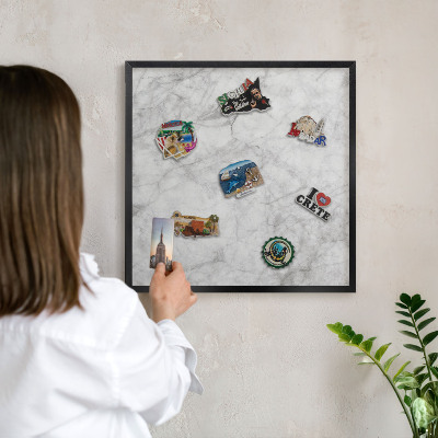 Vacation magnet board with a black frame Gray marble