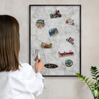 Vacation magnet board with a black frame Gray marble