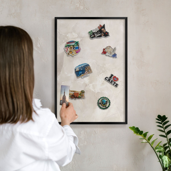 Metal wall board for magnets in a black frame Beige marble