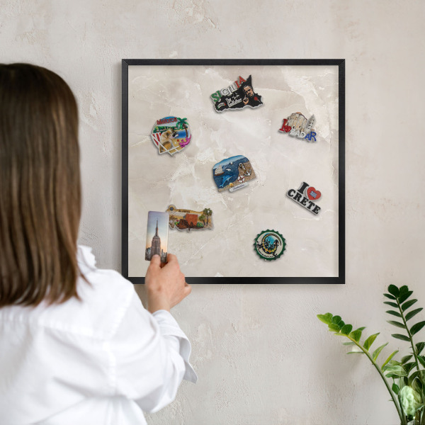 Metal wall board for magnets in a black frame Beige marble