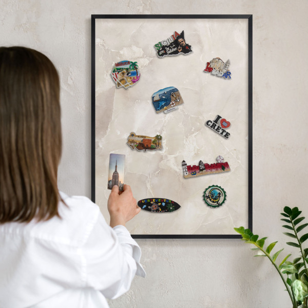 Metal wall board for magnets in a black frame Beige marble