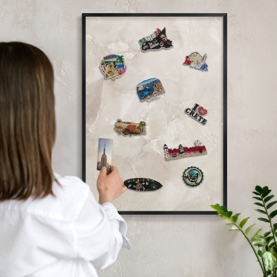 Metal wall board for magnets in a black frame Beige marble