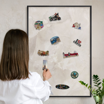 Metal wall board for magnets in a black frame Beige marble