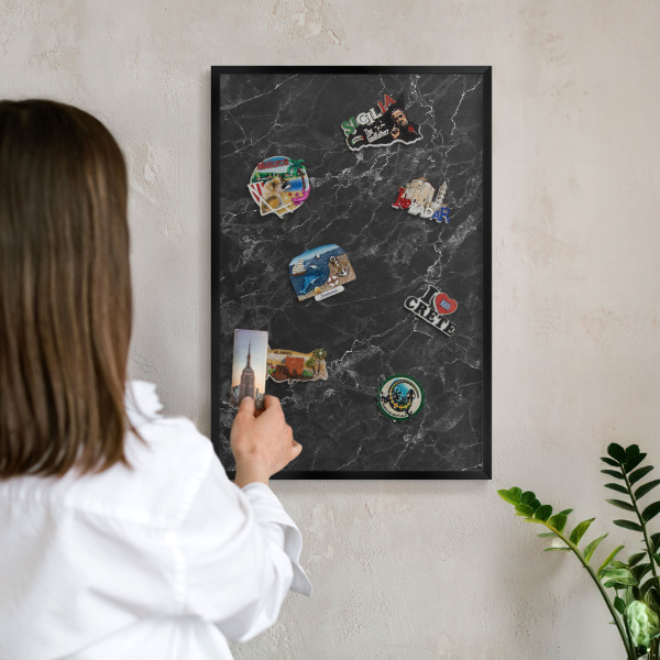 Vacation magnet board with a black frame Black marble