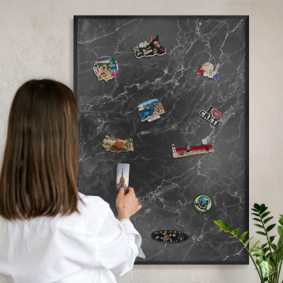 Vacation magnet board with a black frame Black marble