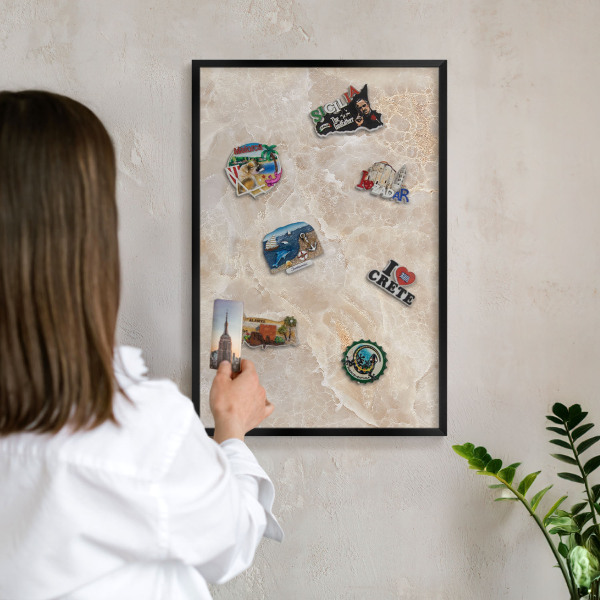 Metal wall board for magnets in a black frame Cream marble