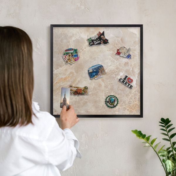 Metal wall board for magnets in a black frame Cream marble