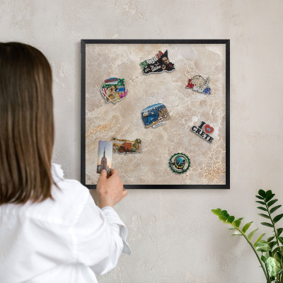 Metal wall board for magnets in a black frame Cream marble