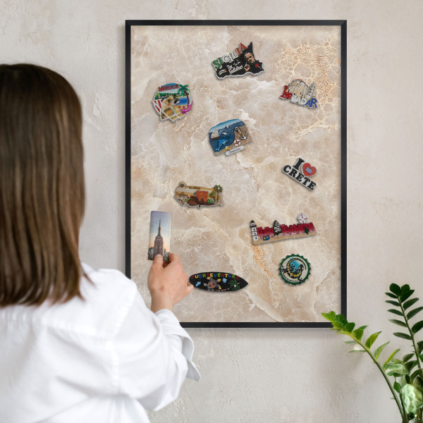 Metal wall board for magnets in a black frame Cream marble