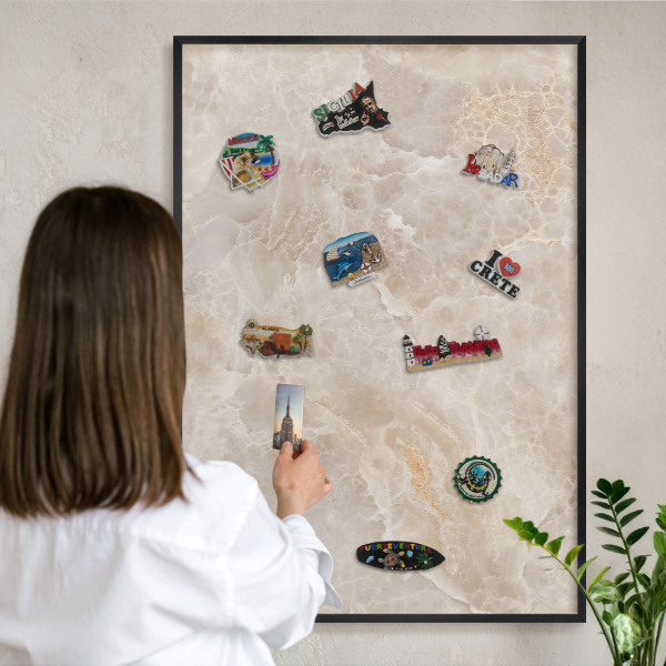 Metal wall board for magnets in a black frame Cream marble