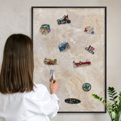 Metal wall board for magnets in a black frame Cream marble