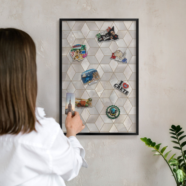 Metal wall board for magnets in a black frame Cubic background