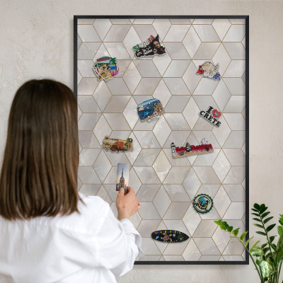 Metal wall board for magnets in a black frame Cubic background