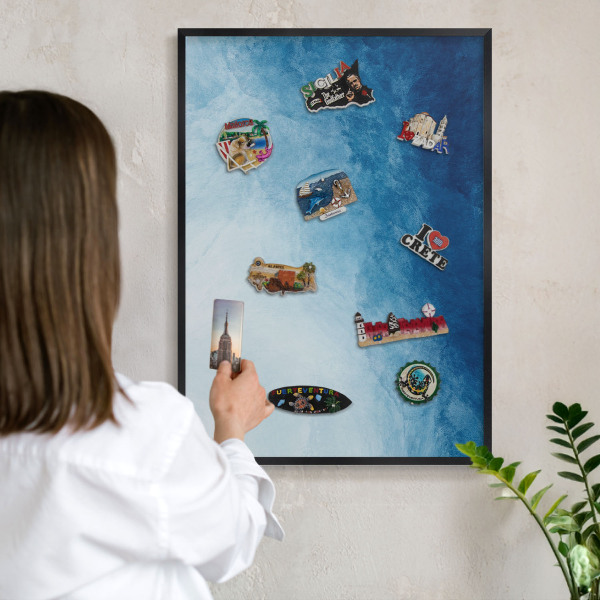 Metal wall board for magnets in a black frame Blue abstractions