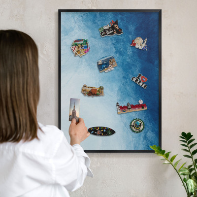 Metal wall board for magnets in a black frame Blue abstractions