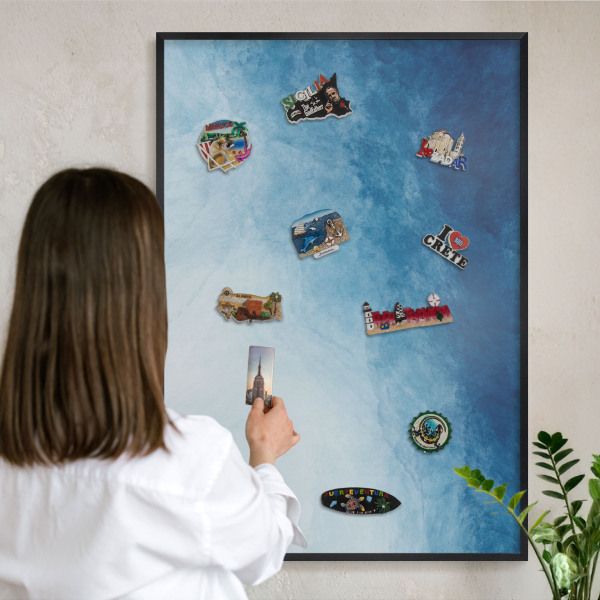 Metal wall board for magnets in a black frame Blue abstractions