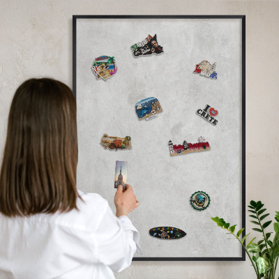 Metal wall board for magnets in a black frame Gray elegance