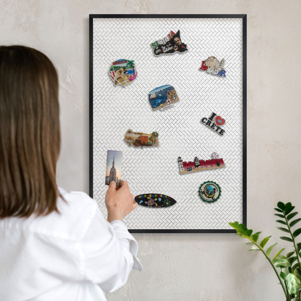 Vacation magnet board with a black frame White herringbone