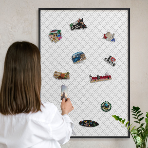 Vacation magnet board with a black frame White herringbone