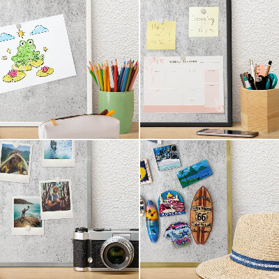 Metal wall board for magnets in a black frame Gray texture