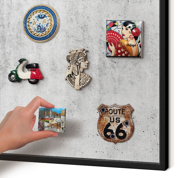 Metal wall board for magnets in a black frame Gray texture