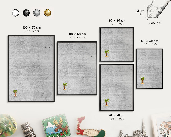 Metal wall board for magnets in a black frame Gray texture