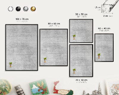 Metal wall board for magnets in a black frame Gray texture