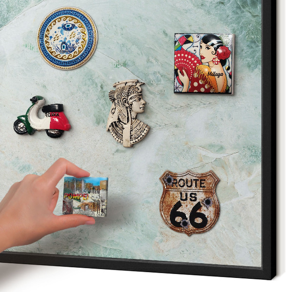 Metal wall board for magnets in a black frame Green textures
