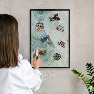 Metal wall board for magnets in a black frame Green textures