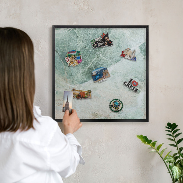 Metal wall board for magnets in a black frame Green textures