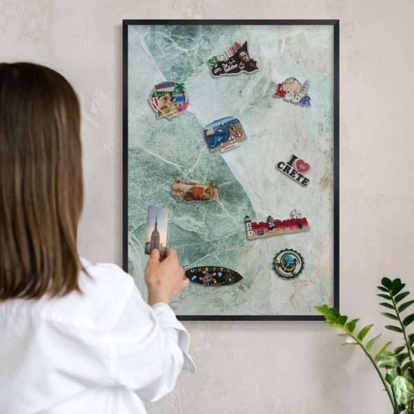Metal wall board for magnets in a black frame Green textures