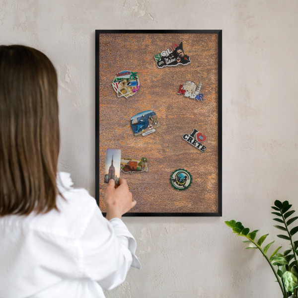 Metal wall board for magnets in a black frame Rusty elegance