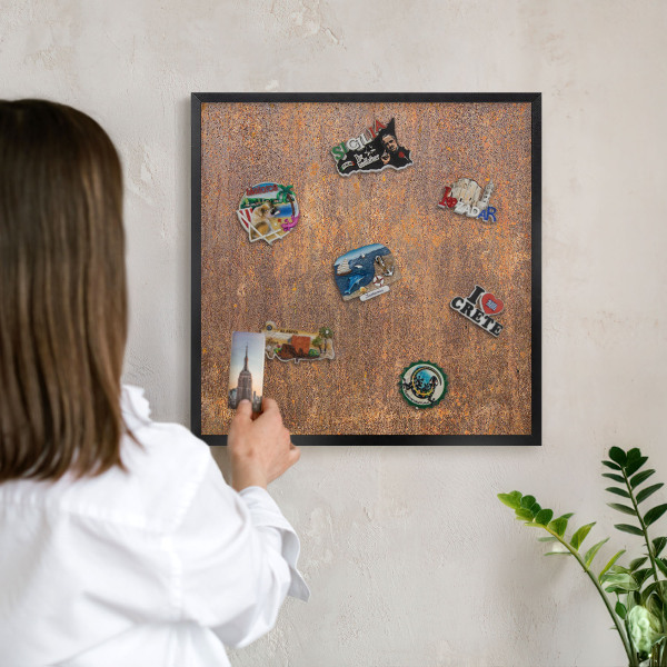 Metal wall board for magnets in a black frame Rusty elegance