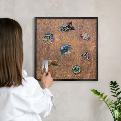 Metal wall board for magnets in a black frame Rusty elegance