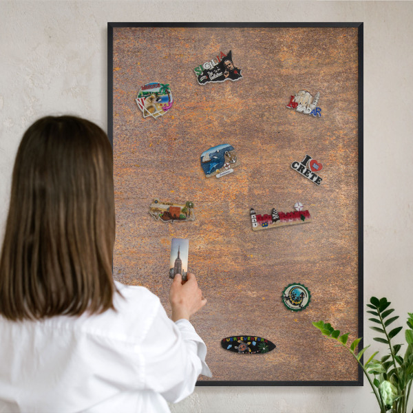 Metal wall board for magnets in a black frame Rusty elegance
