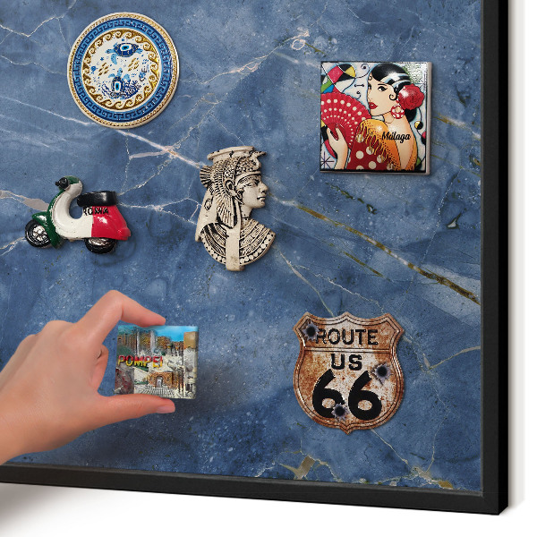 Metal wall board for magnets in a black frame Marble elegance