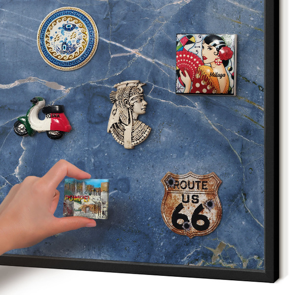 Metal wall board for magnets in a black frame Marble elegance