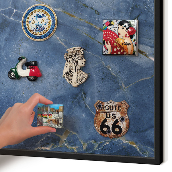 Metal wall board for magnets in a black frame Marble elegance