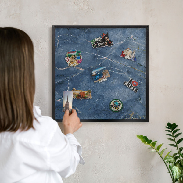 Metal wall board for magnets in a black frame Marble elegance