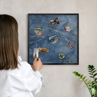 Metal wall board for magnets in a black frame Marble elegance