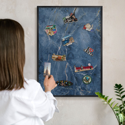 Metal wall board for magnets in a black frame Marble elegance