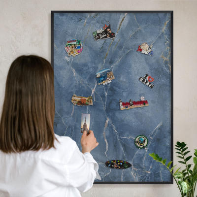 Metal wall board for magnets in a black frame Marble elegance
