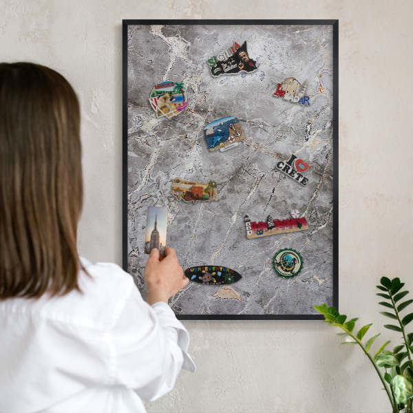 Metal wall board for magnets in a black frame Patterned marble